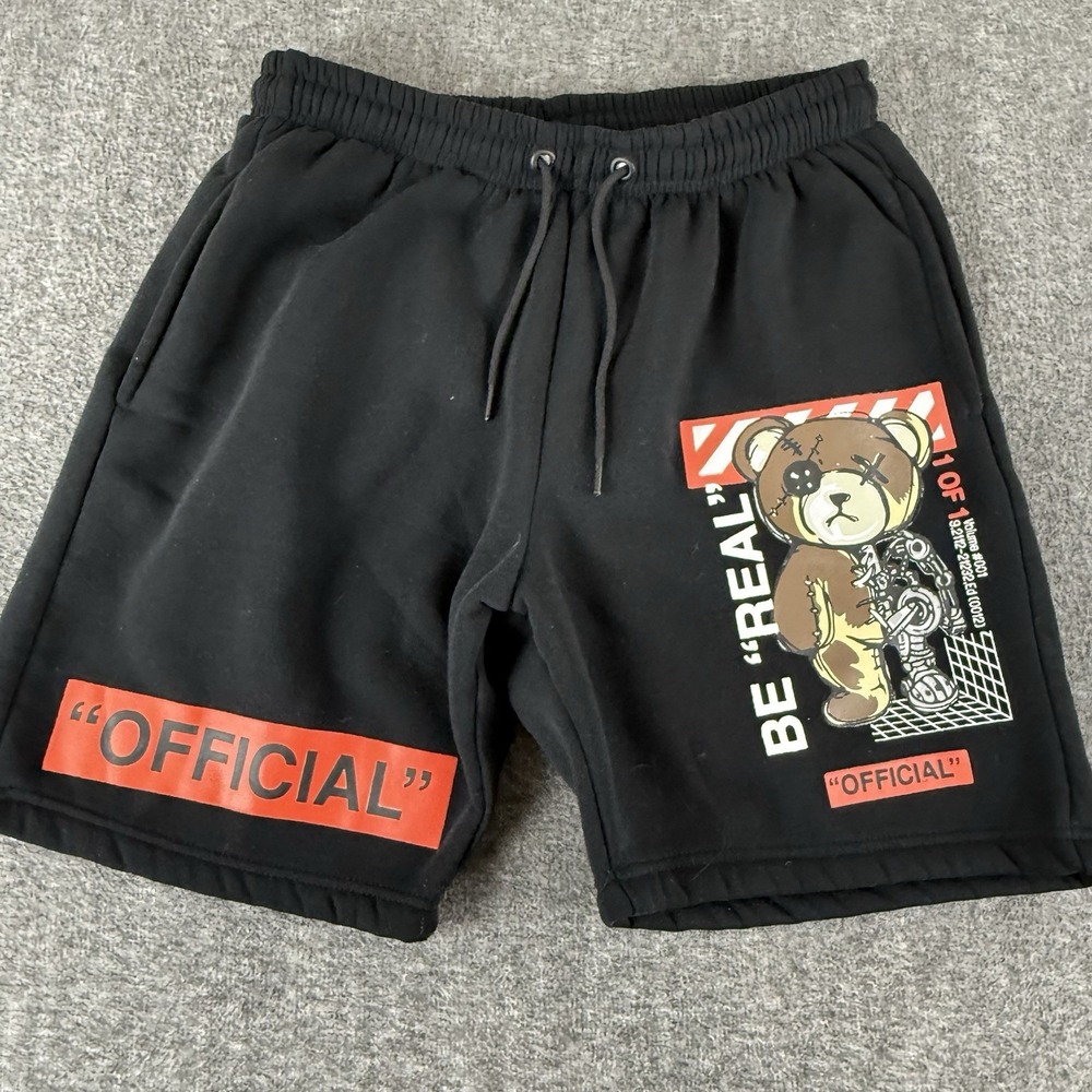 RGSTR Bear Graphic Shorts Mens Medium Black Fleece Streetwear Drawstring Anime
